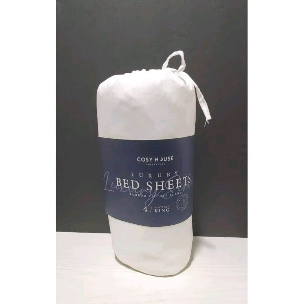 Cosy House Luxury Bamboo WHITE KING Sheet Set Hypoallergenic Corner Straps